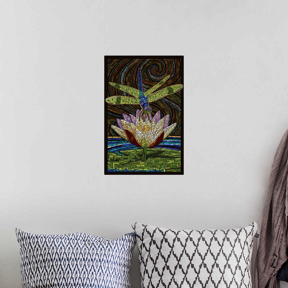 A bohemian room featuring Dragonfly - Paper Mosaic: Retro Art Poster