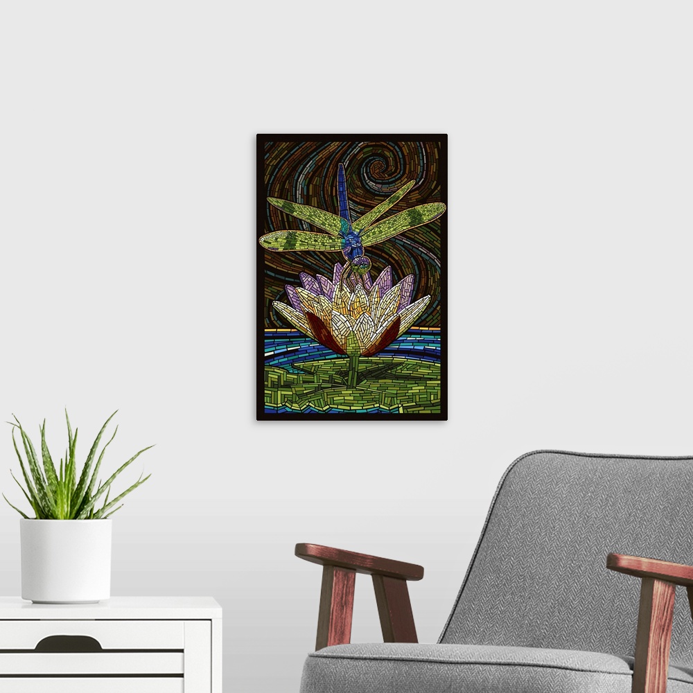 A modern room featuring Dragonfly - Paper Mosaic: Retro Art Poster