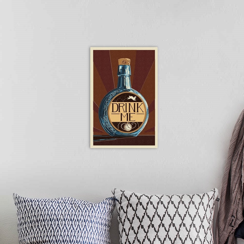 A bohemian room featuring Drink Me Bottle: Retro Travel Poster