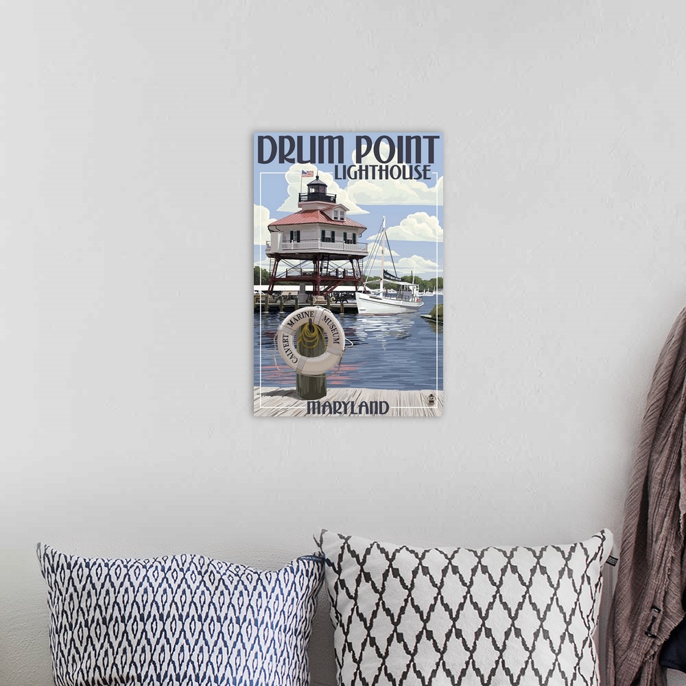 A bohemian room featuring Retro stylized art poster of a lighthouse stilted over the water in a harbor, with a boat and a d...