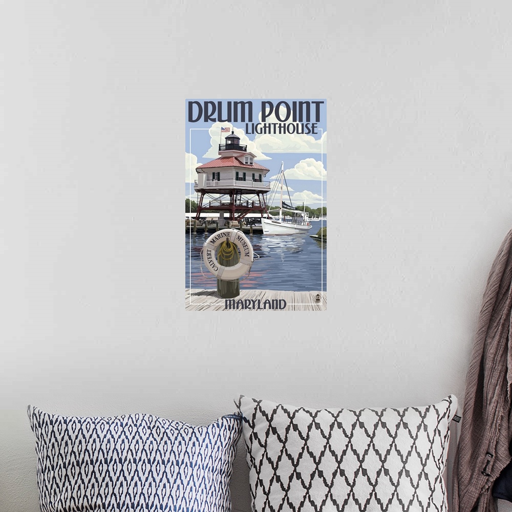 A bohemian room featuring Retro stylized art poster of a lighthouse stilted over the water in a harbor, with a boat and a d...