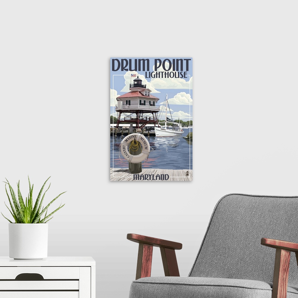 A modern room featuring Retro stylized art poster of a lighthouse stilted over the water in a harbor, with a boat and a d...