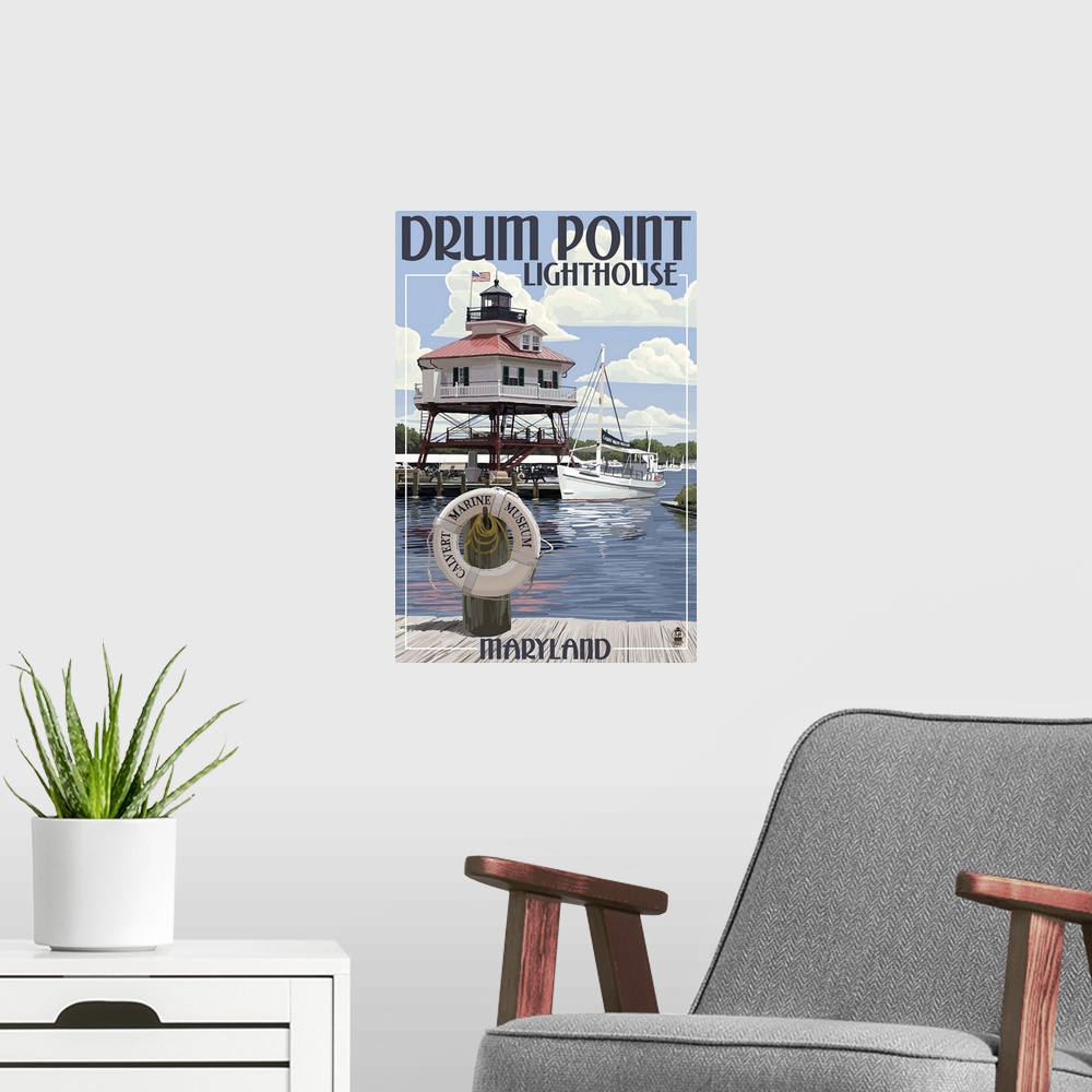 A modern room featuring Retro stylized art poster of a lighthouse stilted over the water in a harbor, with a boat and a d...