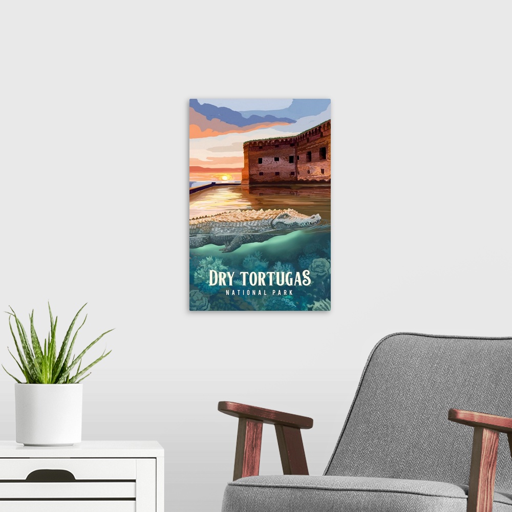 A modern room featuring Dry Tortugas National Park, Crocodile: Retro Travel Poster