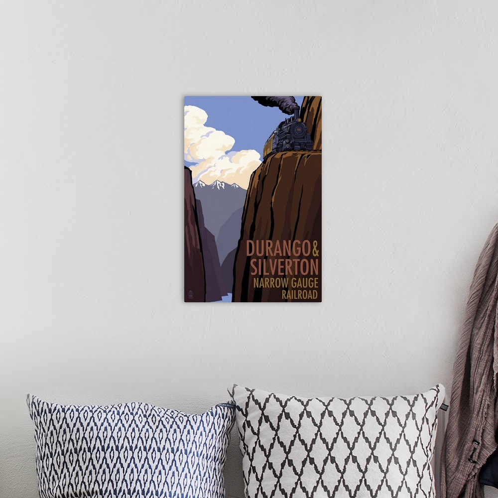 A bohemian room featuring Durango and Silverton Narrow Gauge Railroad: Retro Travel Poster