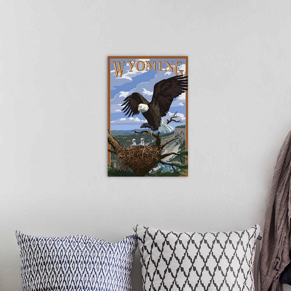 A bohemian room featuring Eagle and Chicks - Wyoming: Retro Travel Poster