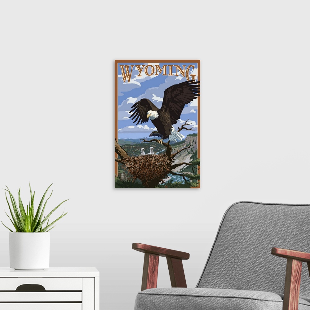A modern room featuring Eagle and Chicks - Wyoming: Retro Travel Poster