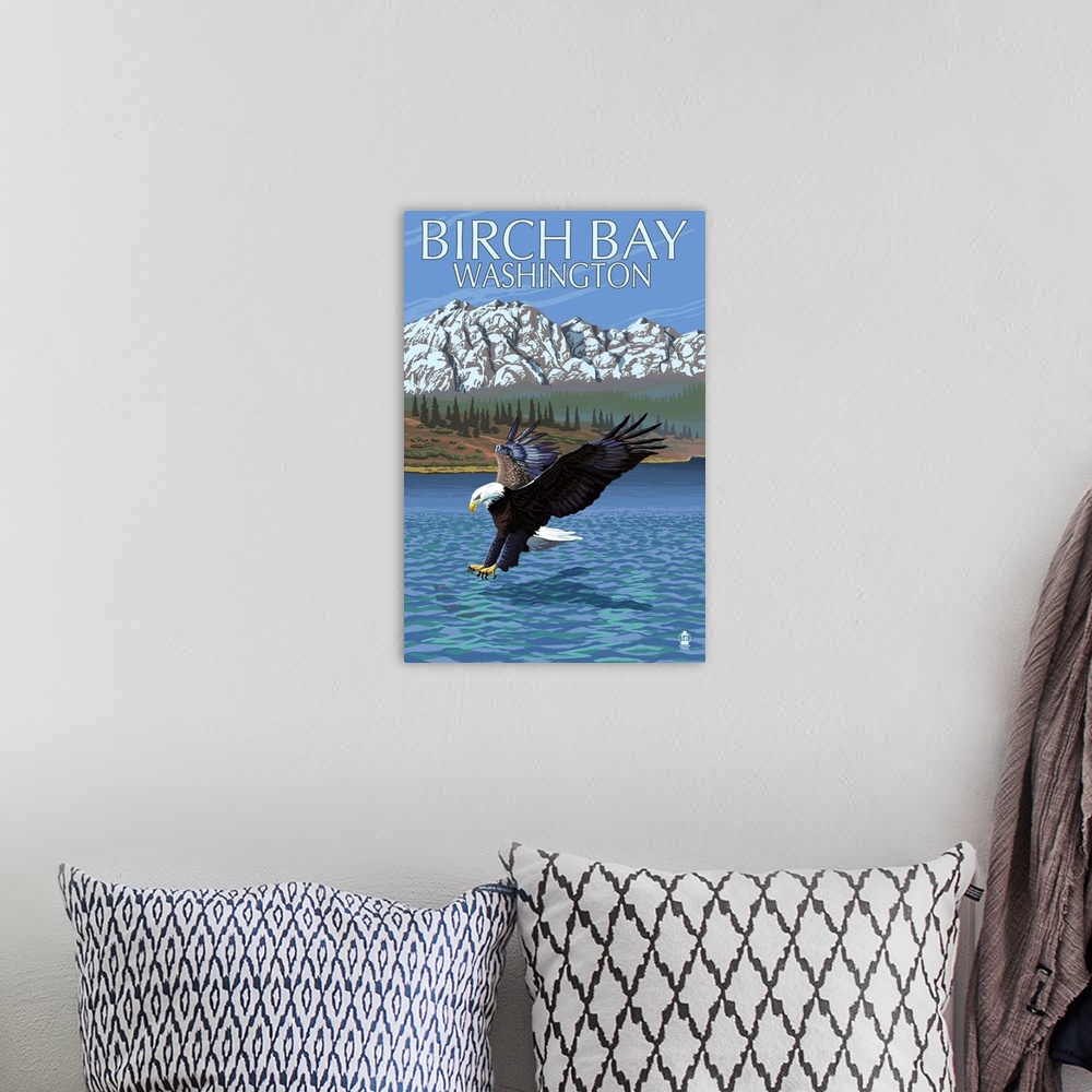 A bohemian room featuring Eagle Fishing - Birch Bay, Washington: Retro Travel Poster