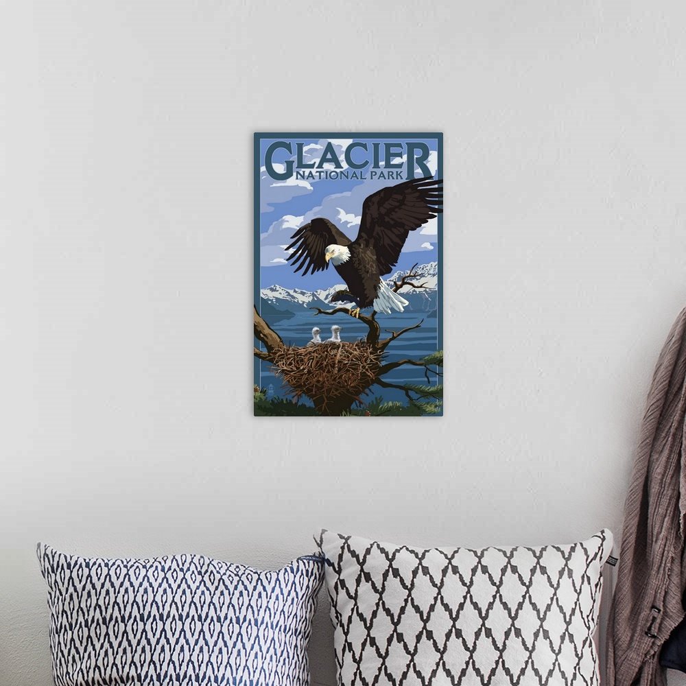 A bohemian room featuring Eagle Perched with Chicks - Glacier National Park, Montana: Retro Travel Poster