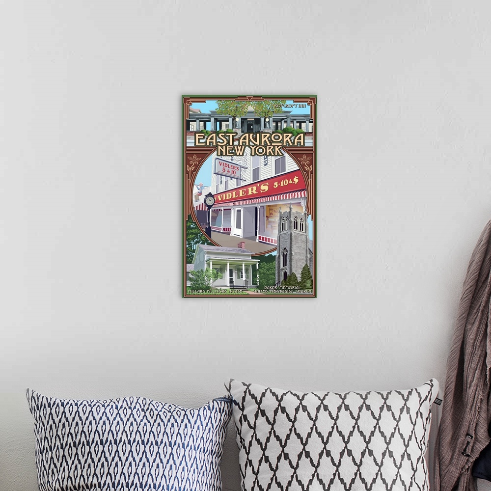 A bohemian room featuring East Aurora, New York - Montage: Retro Travel Poster