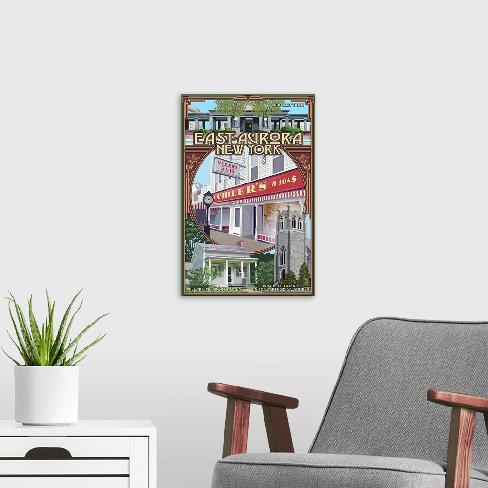 A modern room featuring East Aurora, New York - Montage: Retro Travel Poster