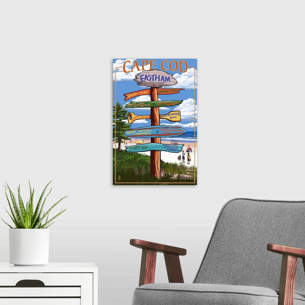 A modern room featuring Eastham, Massachusetts Cape Cod - Sign Destinations Version 2 Retro Travel Poster