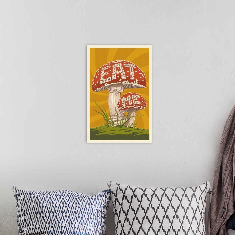 A bohemian room featuring Eat Me Mushroom: Retro Art Poster