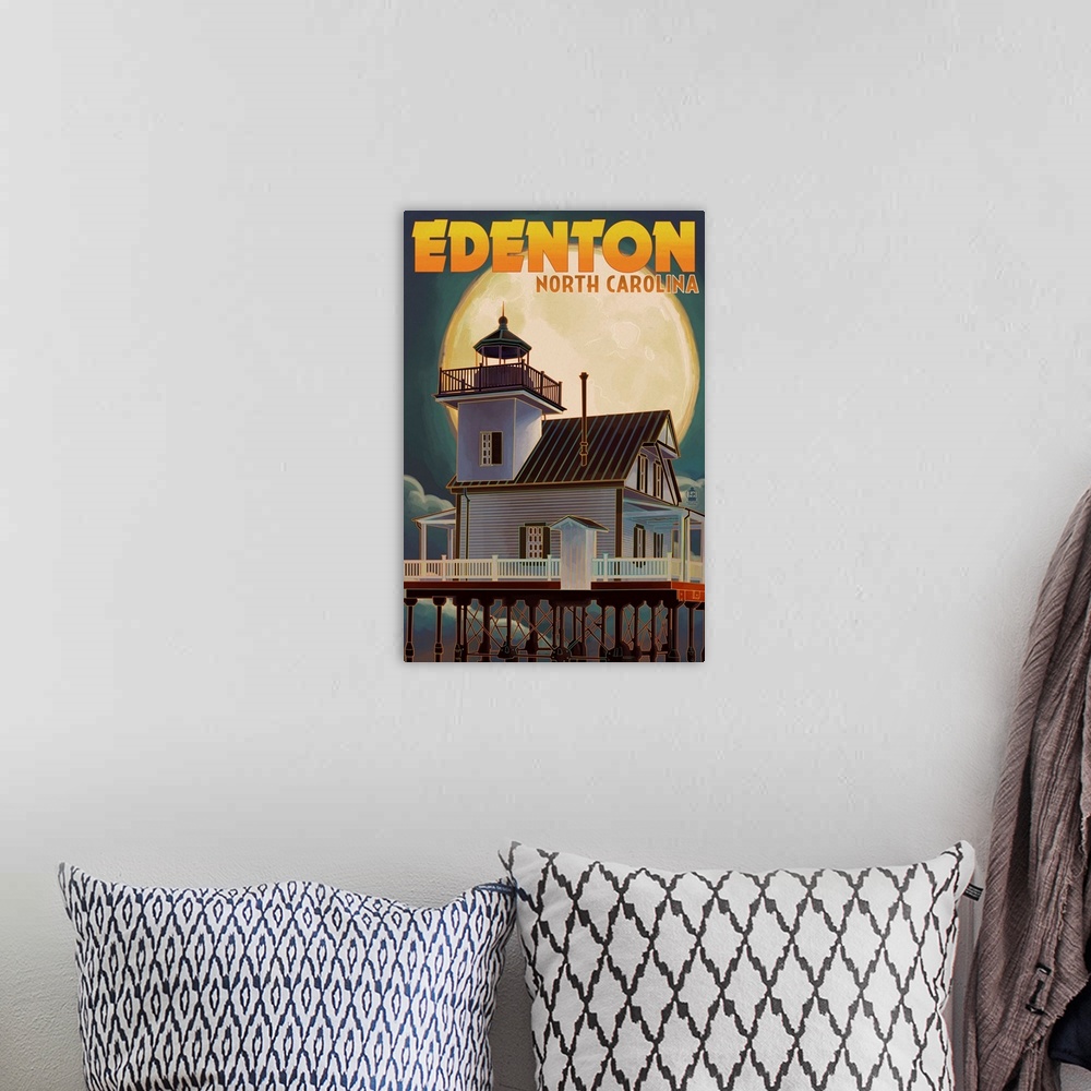 A bohemian room featuring Edenton, North Carolina - Lighthouse and Moon: Retro Travel Poster
