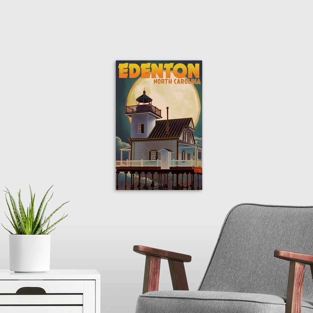 A modern room featuring Edenton, North Carolina - Lighthouse and Moon: Retro Travel Poster
