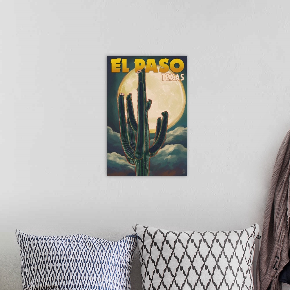 A bohemian room featuring El Paso, Texas - Cactus and Full Moon: Retro Travel Poster