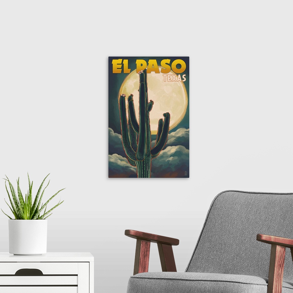 A modern room featuring El Paso, Texas - Cactus and Full Moon: Retro Travel Poster