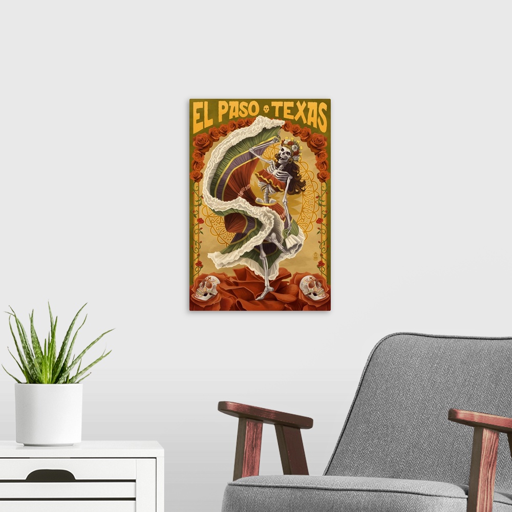 A modern room featuring El Paso, Texas - Day of the Dead Dancer: Retro Travel Poster