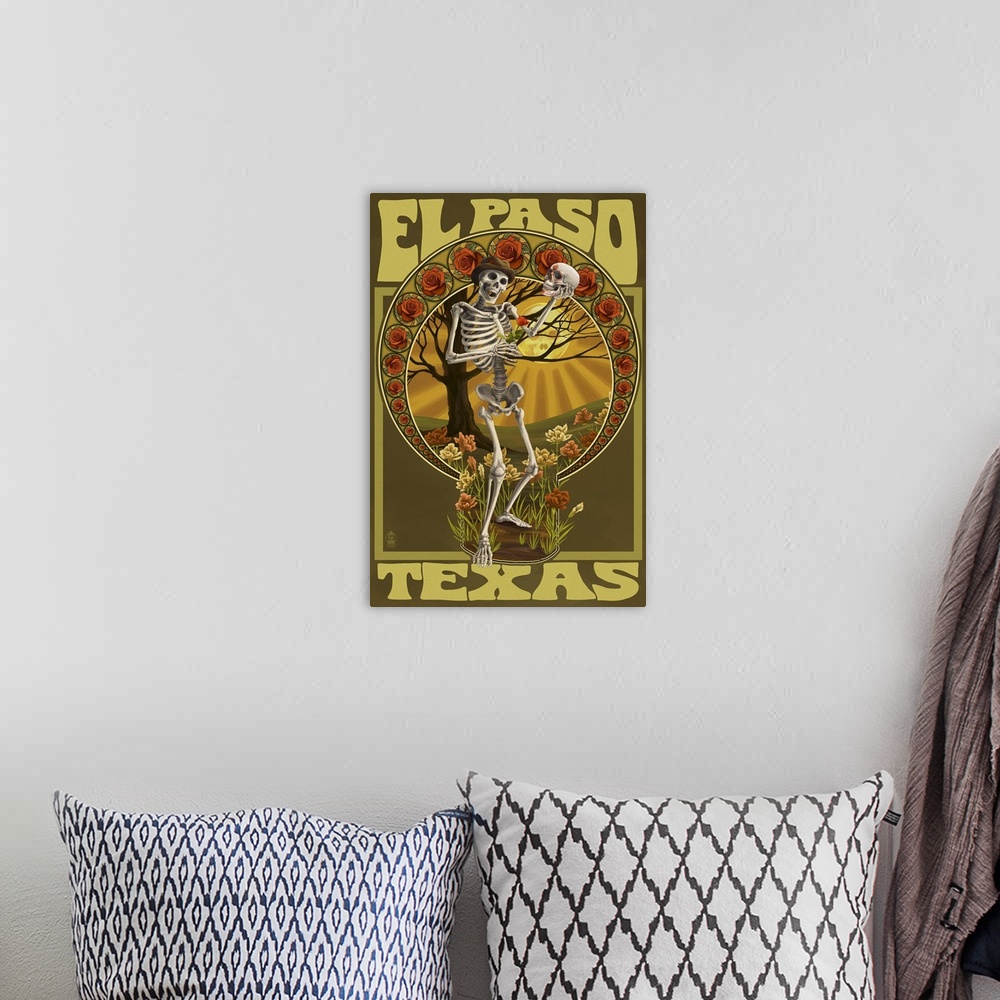 A bohemian room featuring El Paso, Texas - Day of the Dead - Skeleton Holding Sugar Skull: Retro Travel Poster