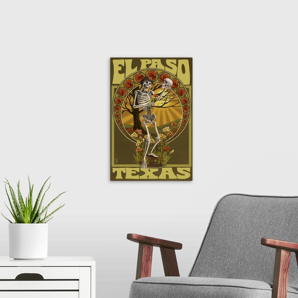 A modern room featuring El Paso, Texas - Day of the Dead - Skeleton Holding Sugar Skull: Retro Travel Poster