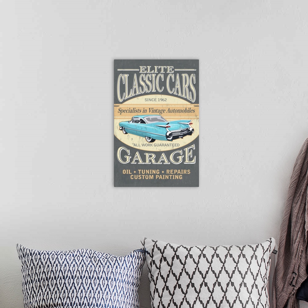 A bohemian room featuring Elite Classic Cars Garage, Vintage Sign