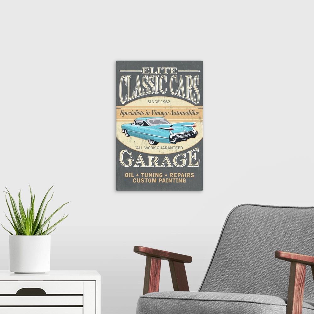 A modern room featuring Elite Classic Cars Garage, Vintage Sign