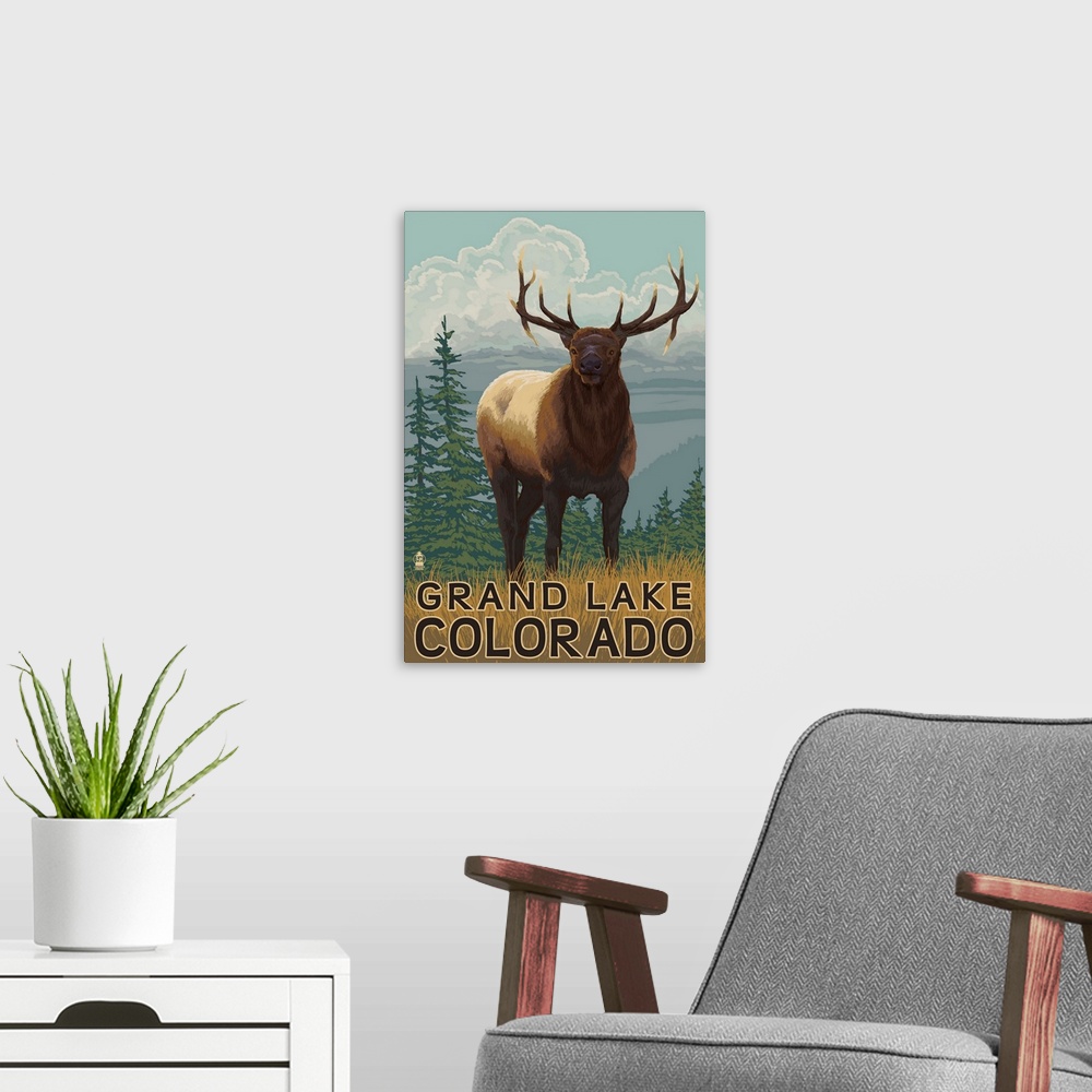 A modern room featuring A stylized art poster of an elk climbing a hill in a grassy meadow above lakes and forests.