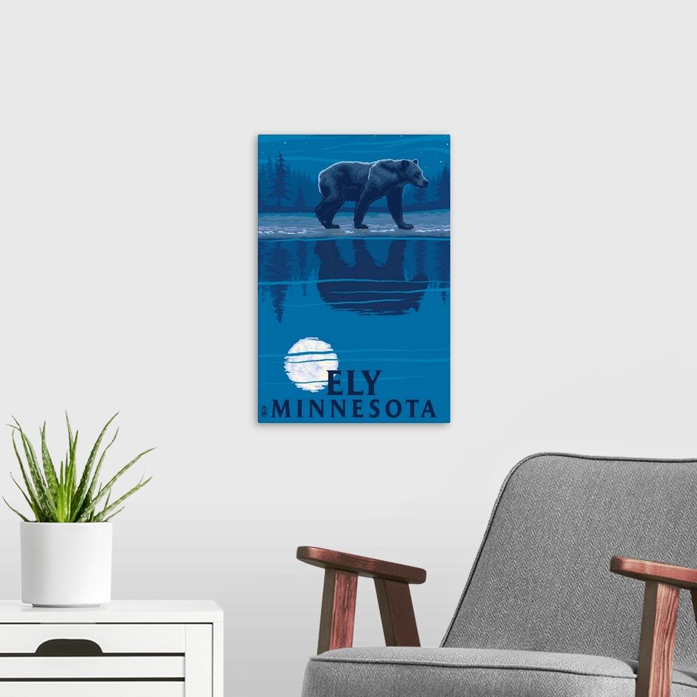 A modern room featuring Ely, Minnesota - Bear at Night: Retro Travel Poster