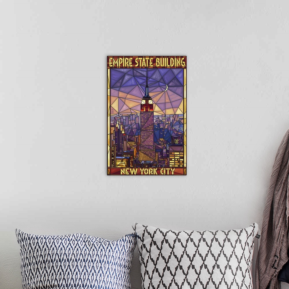 A bohemian room featuring Empire State Building Stained Glass Window - New York City, NY: Retro Travel Poster
