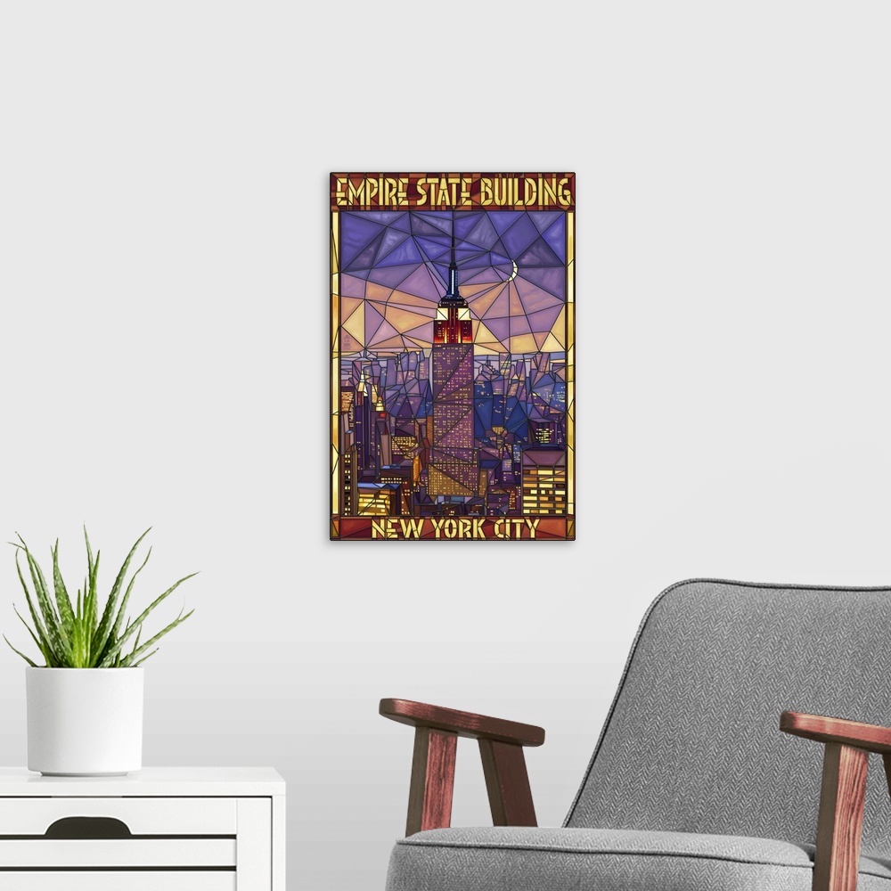A modern room featuring Empire State Building Stained Glass Window - New York City, NY: Retro Travel Poster