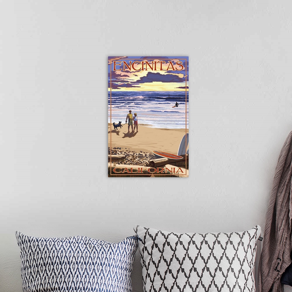 A bohemian room featuring Retro stylized art poster of a couple with a dog walking along a beach at sunset.