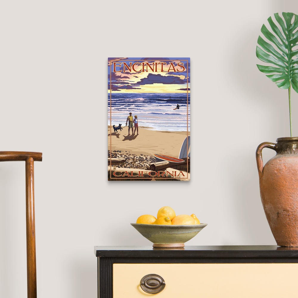 A traditional room featuring Retro stylized art poster of a couple with a dog walking along a beach at sunset.