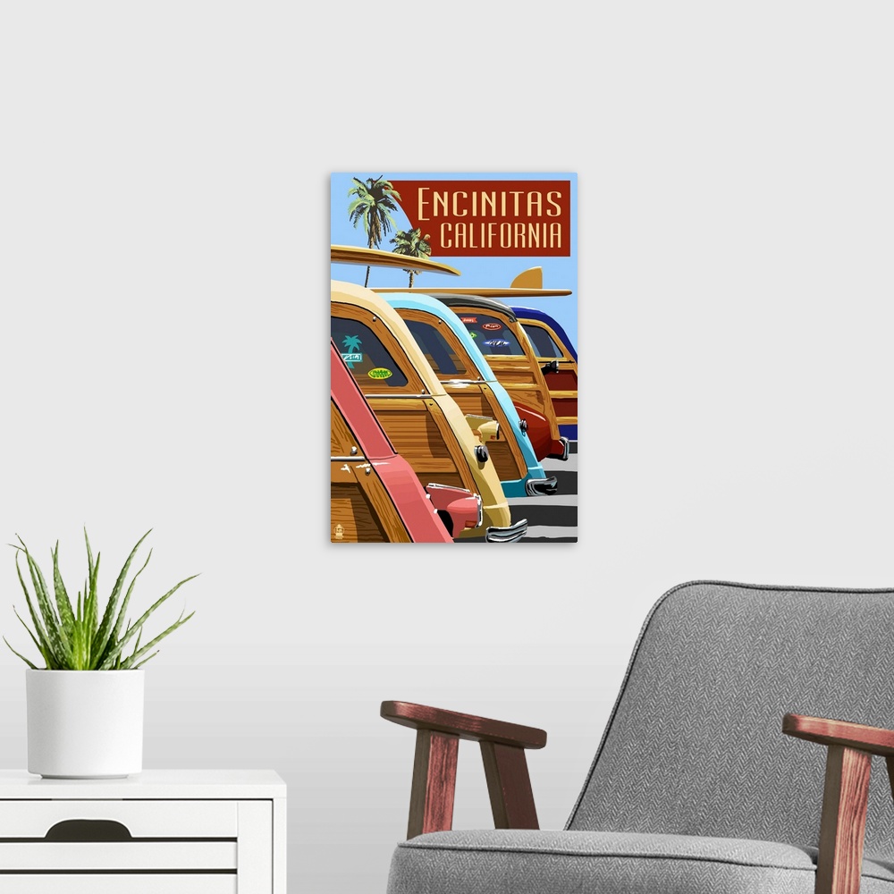 A modern room featuring A retro stylized art poster of wood panel stationwagons parked at a beach with surf boards on the...