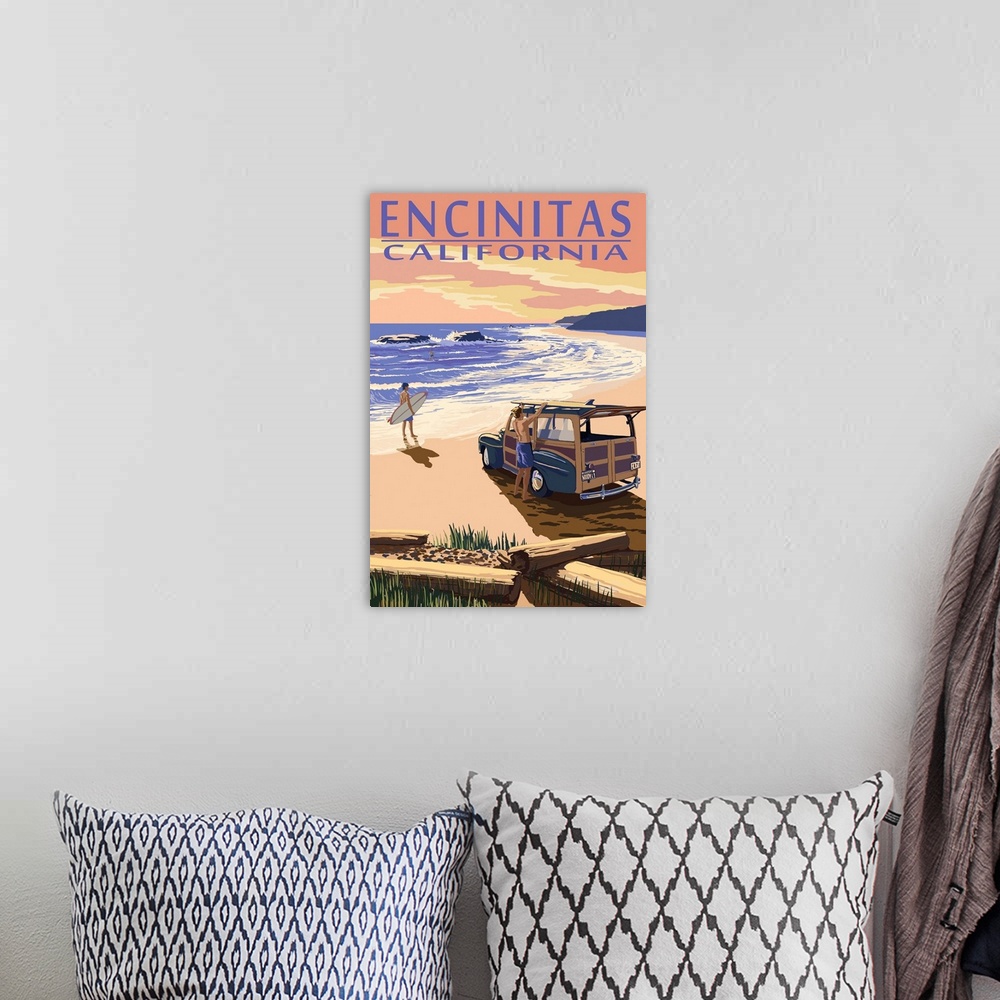A bohemian room featuring Retro stylized art poster of surfers and a old car on the beach at sunset.