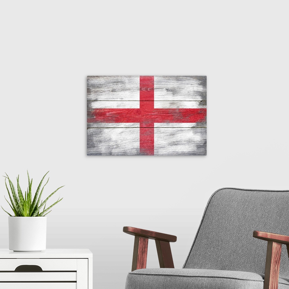 A modern room featuring The flag of England with a weathered wooden board effect.