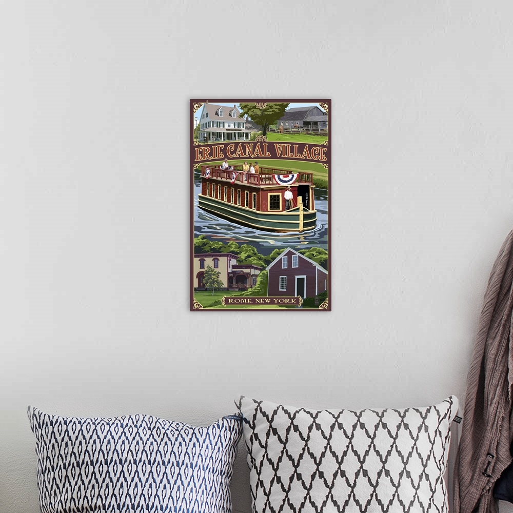 A bohemian room featuring Erie Canal Village, New York Views: Retro Travel Poster