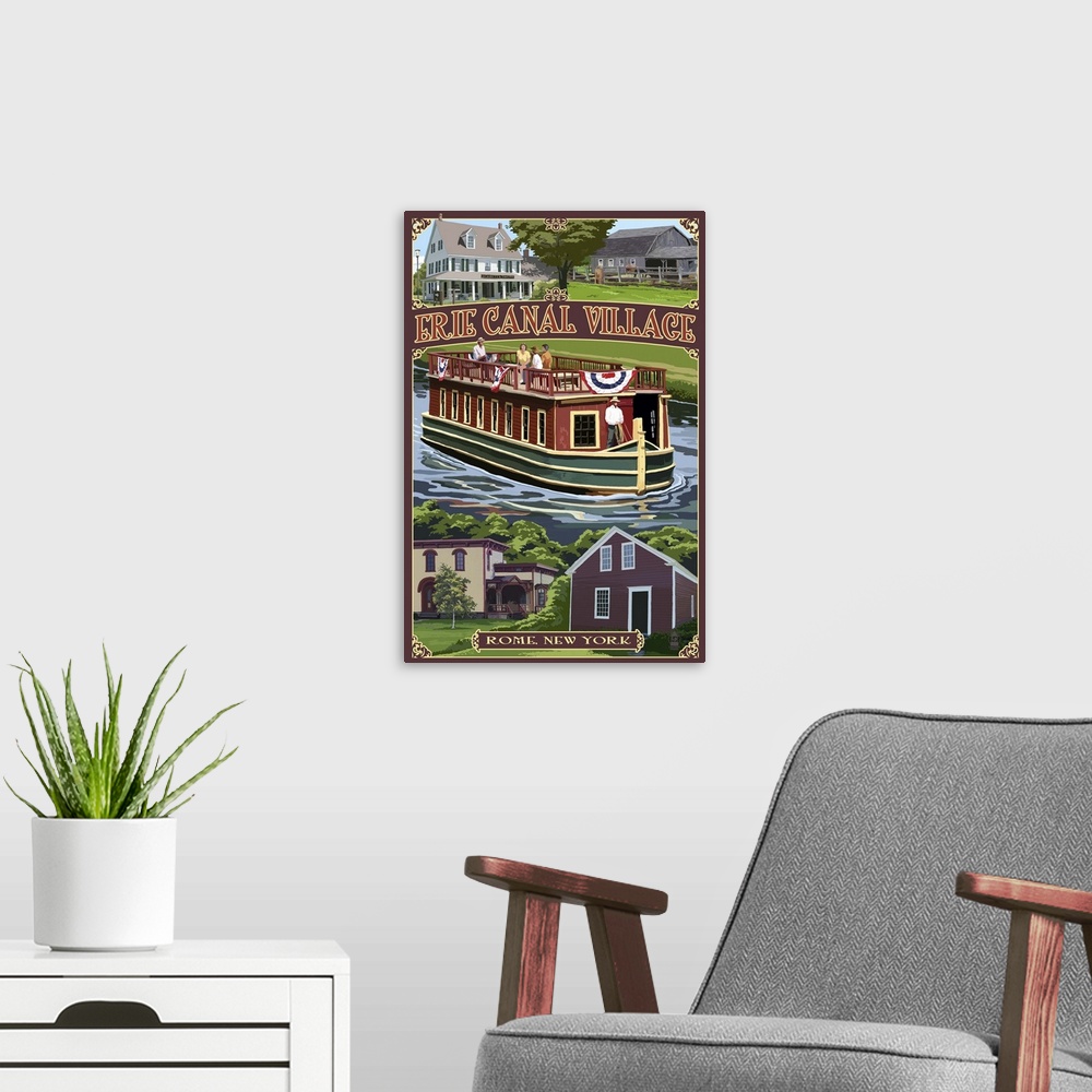 A modern room featuring Erie Canal Village, New York Views: Retro Travel Poster