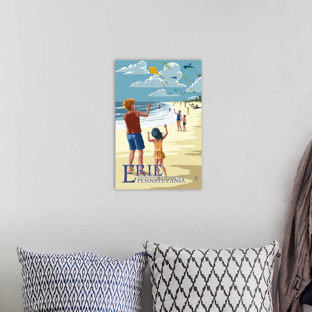 A bohemian room featuring Retro stylized art poster of children flying kites on the beach.
