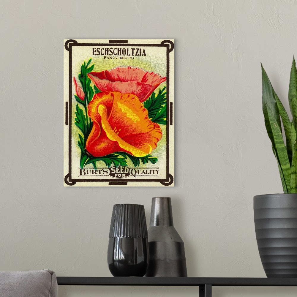 A modern room featuring A vintage label from a seed packet for California Poppies.