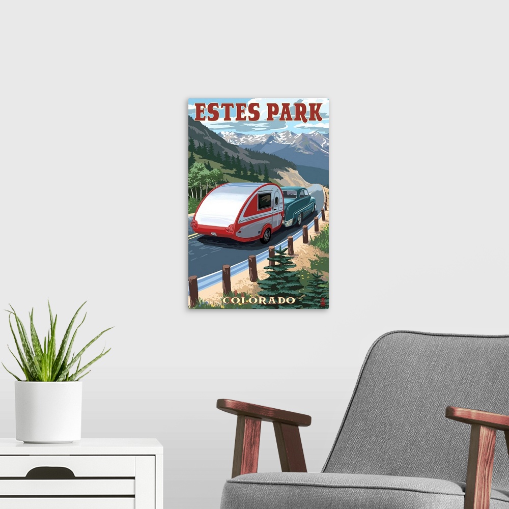 A modern room featuring Estes Park, Colorado - Retro Camper: Retro Travel Poster