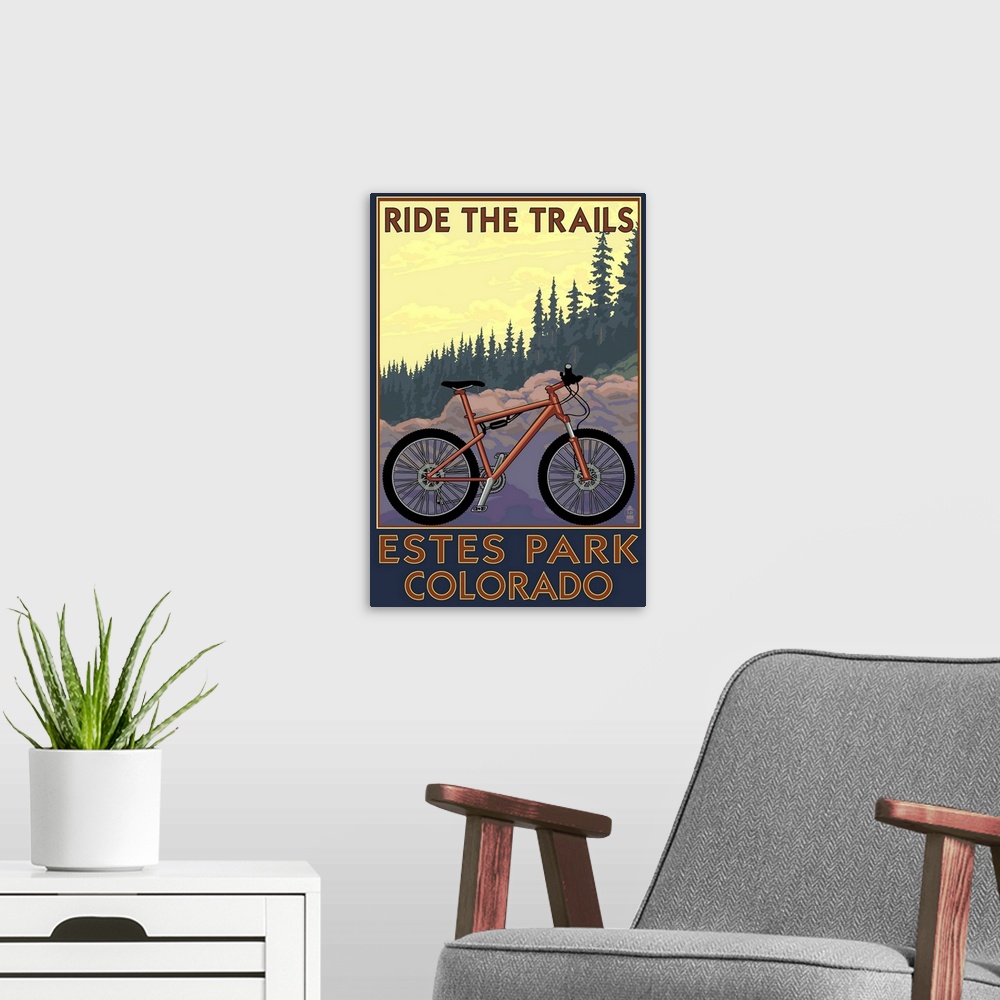 A modern room featuring Estes Park, Colorado - Ride the Trails: Retro Travel Poster