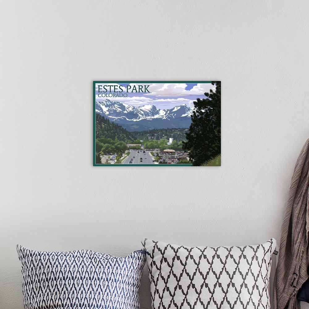 A bohemian room featuring Estes Park, Colorado - Town Scene: Retro Travel Poster