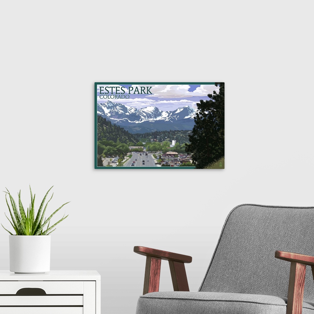 A modern room featuring Estes Park, Colorado - Town Scene: Retro Travel Poster