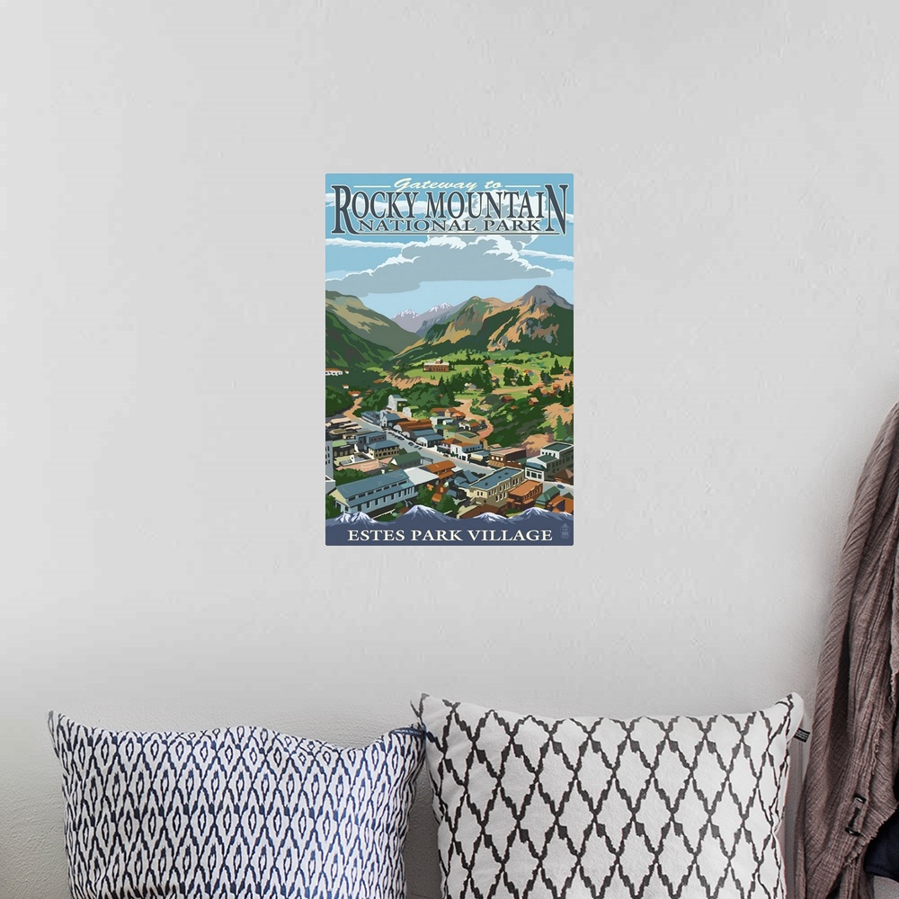 A bohemian room featuring Estes Park Village, Colorado - Town View: Retro Travel Poster