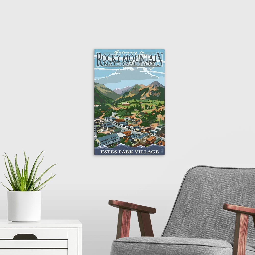 A modern room featuring Estes Park Village, Colorado - Town View: Retro Travel Poster