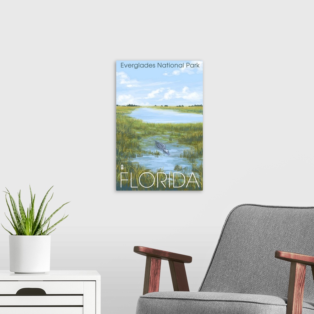 A modern room featuring Everglades National Park - Alligator: Retro Travel Poster