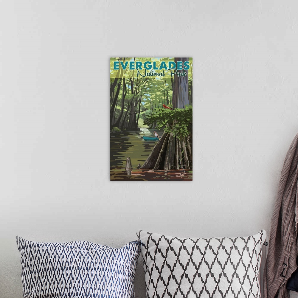 A bohemian room featuring Everglades National Park, Canoeing In The Wetlands: Retro Travel Poster