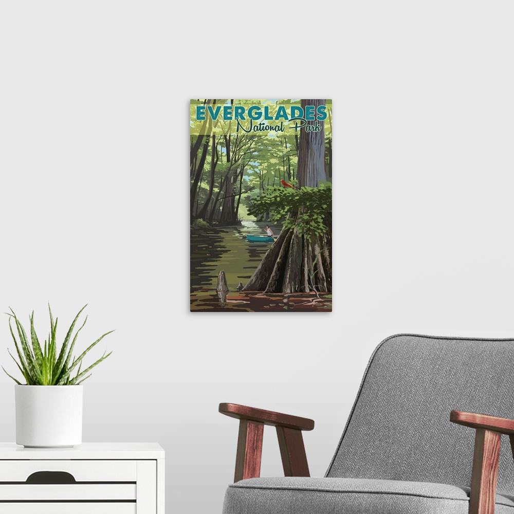 A modern room featuring Everglades National Park, Canoeing In The Wetlands: Retro Travel Poster