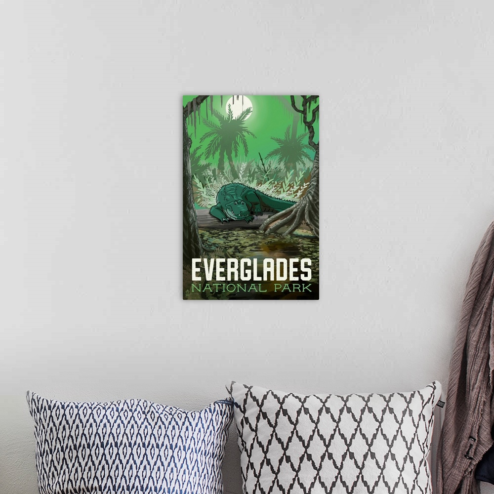 A bohemian room featuring Everglades National Park, Crocodile In The Wetlands: Retro Travel Poster