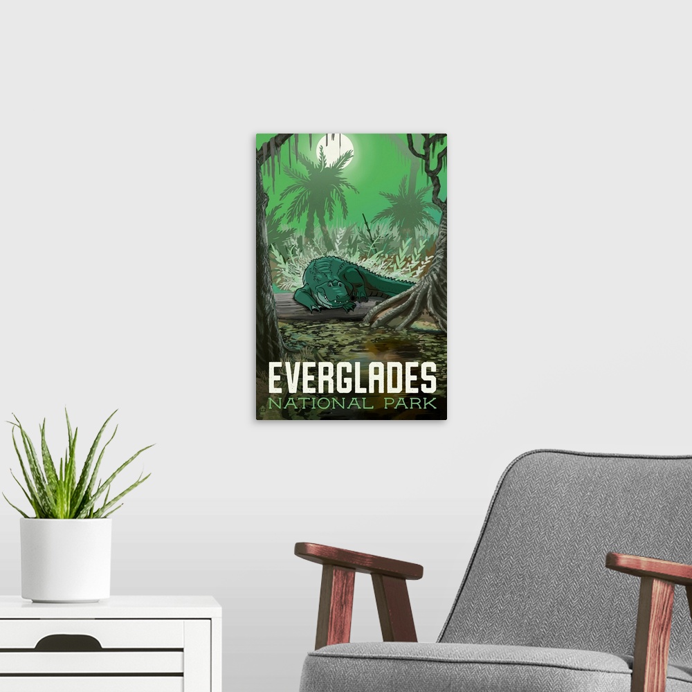 A modern room featuring Everglades National Park, Crocodile In The Wetlands: Retro Travel Poster